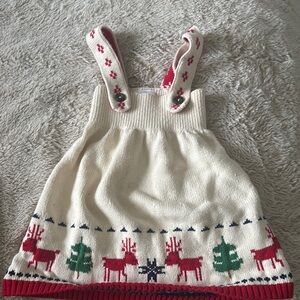 Festive Cream Knit Dress with Reindeer and Tree Pattern